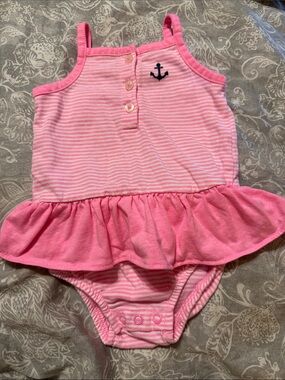 Carters Pink Striped Baby Skirted One-Piece with Anchor Accent